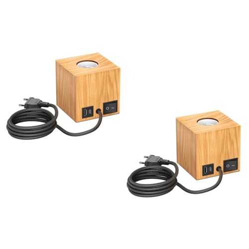 ledscom.de 2 Stück Tischlampe HITO, Schalter, USB, Echtholz (Gummibaum), quadratisch, hellbraun, 1x E27 max. 60W von ledscom.de