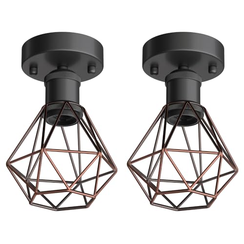 ledscom.de 2 Stück Vintage E27 Deckenleuchte RETRA, schwarz, Käfig-Schirm bronze von ledscom.de