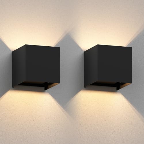 ledscom.de 2 Stück Wandleuchte CUBEL für außen, schwarz, IP65, Up & Downlight, quadratisch + LED Lampe max. 485lm, warmweiß von ledscom.de