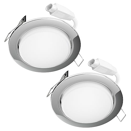 ledscom.de 2er Set LED Decken-Einbaustrahler RUBA chrom je 541lm warmweiß 3-Stufen Dimmen ohne Dimmer mit Lichtschalter rund flach 107mm Ø Loch ca. 83-100mm Ø von ledscom.de