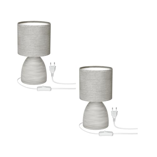 ledscom.de 2 Stück E14 Tischlampe CALA, Keramik, Stoffschirm, grau (Stecker, Schalter) LED Kerze Filament, extra-warm-weiß, 4,1W 458lm von ledscom.de