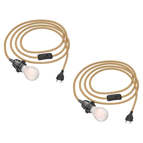 ledscom.de 2 Stück Hanf-Kabel LEKA mit Stecker, Schalter, 3m, beige, inkl. E27 Lampe, Energieeffizienzklasse A, gefrostet, (warmweiß, 4 W, 935lm) von ledscom.de