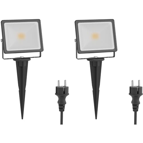 ledscom.de 2 Stück LED Gartenstrahler FLIN mit Erdspieß & Stecker für außen, Scheinwerfer, schwarz, IP66 wasserfest, 10,93W 837lm warm-weiß von ledscom.de