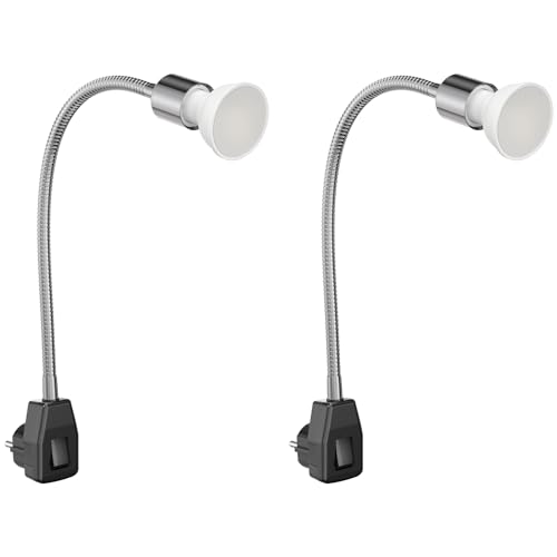 ledscom.de 2 Stück Steckdosenlampe LESCH Leselampe Schwanenhals, Schalter, chrom/schwarz + LED Lampe 450lm weiß von ledscom.de