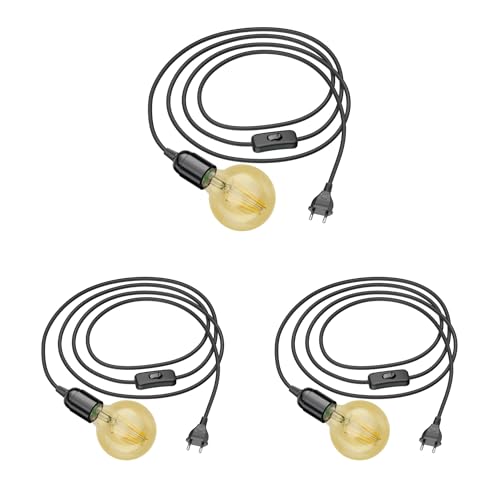 ledscom.de 3 Stück 3m Textilkabel LEHA Stecker, Schalter, schwarz, 3m + LED Lampe gold max. 818lm, 3-Stufen dimmen, extra-warmweiß von ledscom.de