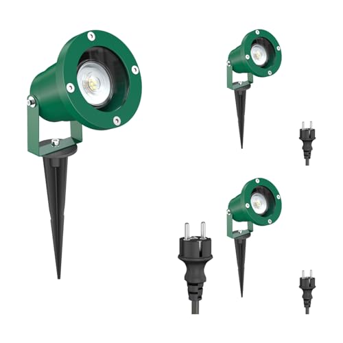 ledscom.de 3 Stück Gartenstrahler DUK mit Erdspieß für außen, IP65, Stecker, grün, inkl. GU10 LED 510lm warmweiß von ledscom.de