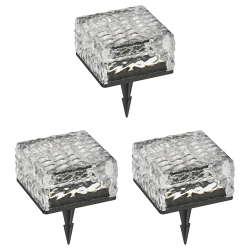 ledscom.de 3 Stück LED Solar-Pflasterstein Bodeneinbauleuchte BROSLO mit Erdspieß für außen, Glas, 10 x 10cm, warmweiß von ledscom.de