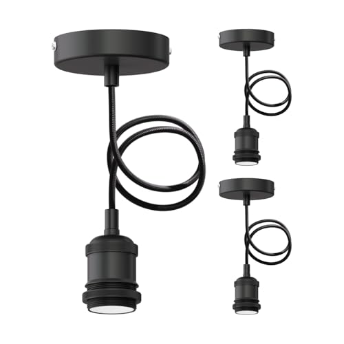 ledscom.de 3 Stück Pendelleuchte/Hängelampe RETRA, Textilkabel, schwarz matt, 1x E27 max. 60W von ledscom.de