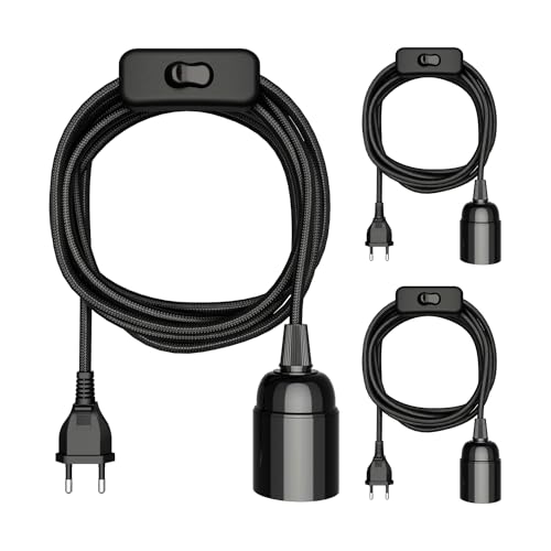 ledscom.de 3 Stück Textilkabel LEHA, Stecker, Schalter, schwarz, 3 m, Lampen-Fassung, 1x E27 max. 60W von ledscom.de