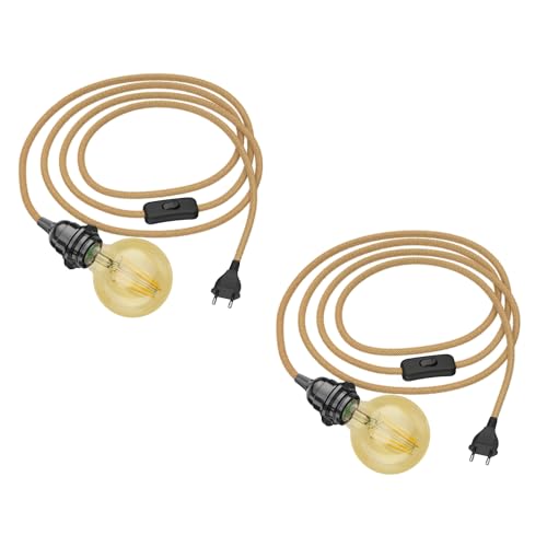 ledscom.de 2 Stück 3m Hanfkabel LEKA, Stecker, Schalter + LED Lampe gold max. 818lm, 3-Stufen dimmen, extra-warmweiß von ledscom.de