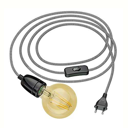 ledscom.de 3m Textilkabel LEHA II, Stecker, Schalter, Porzellan, schwarz/weiß + LED Lampe gold max. 818lm, 3-Stufen, extra-warmweiß von ledscom.de