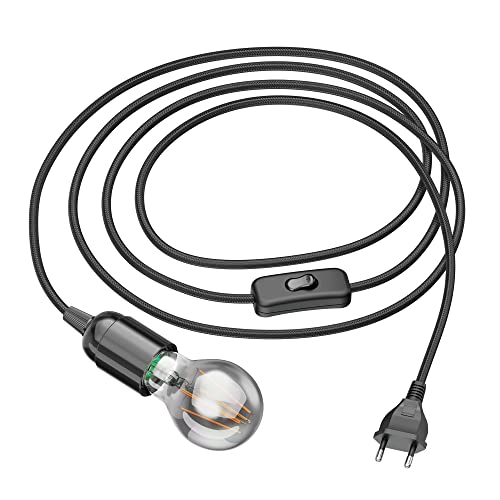 ledscom.de 3 m Textilkabel LEHA Stecker, Schalter, schwarz + LED Lampe 370lm, extra-warmweiß von ledscom.de