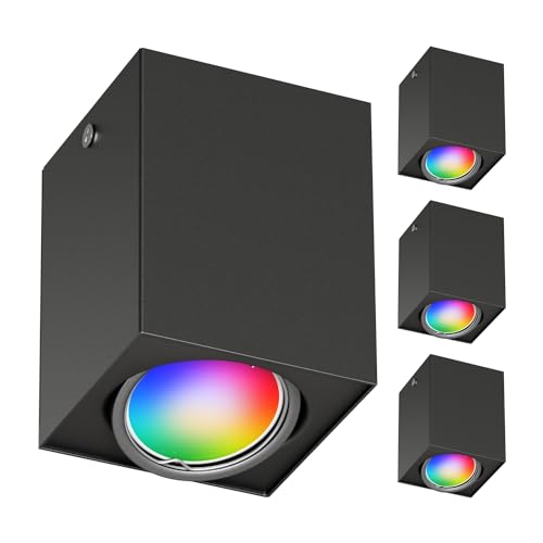 ledscom.de 4 Stück Deckenleuchte DEJO, schwarz matt, 8 x 8cm + GU10 Smart Home RGBW LED 473lm von ledscom.de