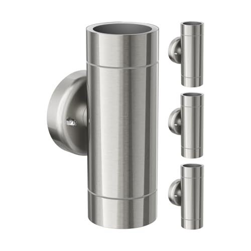 ledscom.de 4 Stück Wandleuchte WEDO für außen, chrom matt, Edelstahl, IP44, zweiflammig, Up & Downlight, inkl. 2 GU10 LED, je 630lm warmweiß von ledscom.de