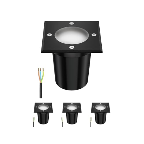 ledscom.de 4 Stück Bodeneinbauleuchte RELI für außen, IP67, schwarz, gefrostet, eckig, 11 x 11cm inkl. LED Lampe 450lm warmweiß von ledscom.de