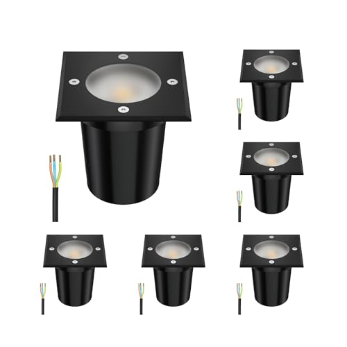 ledscom.de 6 Stück Bodeneinbauleuchte RELI für außen, IP67, schwarz, gefrostet, eckig, 11 x 11cm inkl. LED Lampe 468lm warmweiß von ledscom.de