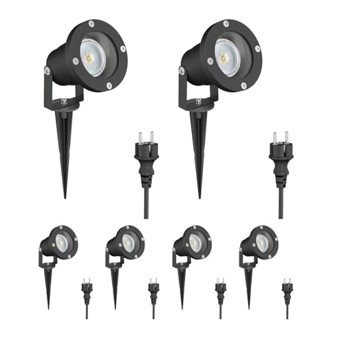 ledscom.de 6 Stück LED Gartenstrahler DUK schwarz mit Erdspieß für außen, Aluminium, inkl. LED GU10 Lampe (weiß, 5,3W, 504lm, 50°) von ledscom.de