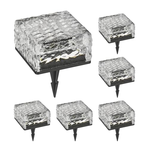 ledscom.de 6 Stück LED Solar-Pflasterstein Bodeneinbauleuchte BROSLO mit Erdspieß für außen, Glas, 10 x 10cm, warmweiß von ledscom.de