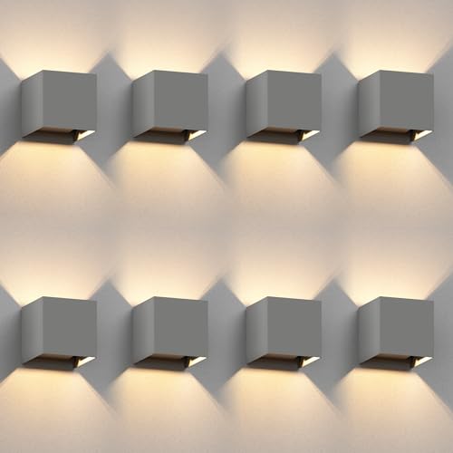ledscom.de 8 Stück Wandleuchte CUBEL für außen, grau, IP65, Up & Downlight, quadratisch + LED Lampe 501lm, warmweiß von ledscom.de