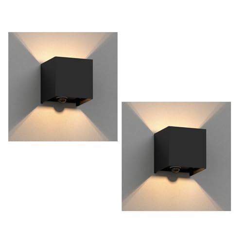 ledscom.de 2 Stück Wandleuchte CUBEL, Bewegungsmelder, für außen, schwarz, IP65, Up & Downlight + LED Lampe 501lm, warmweiß von ledscom.de
