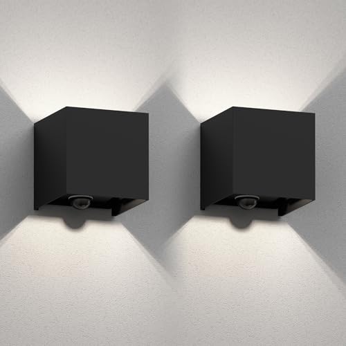 ledscom.de 2 Stück Wandleuchte CUBEL, Bewegungsmelder, für außen, schwarz, IP65, Up & Downlight + LED Lampe 596lm, weiß von ledscom.de