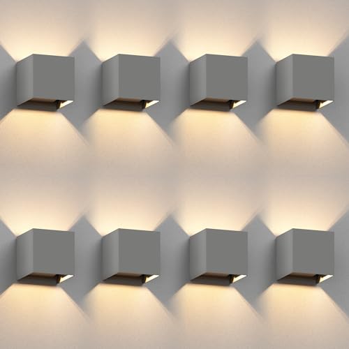 ledscom.de 8 Stück Wandleuchte CUBEL für außen, grau, IP65, Up & Downlight + LED Lampe 501lm, warmweiß von ledscom.de
