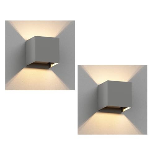ledscom.de 2 Stück Wandleuchte CUBEL für außen, grau, IP65, Up & Downlight + LED Lampe max. 485lm, warmweiß von ledscom.de