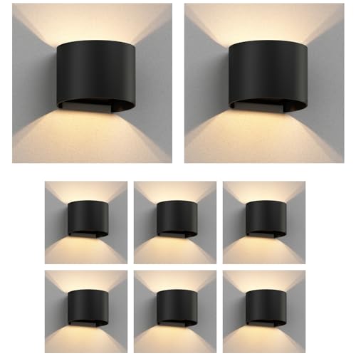 ledscom.de 8 Stück Wandleuchte RUNEL für außen, schwarz, IP65, Up & Downlight + LED Lampe 501lm, warmweiß von ledscom.de