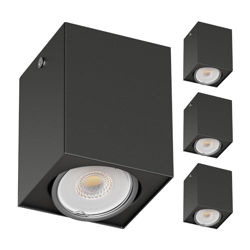 ledscom.de 4 Stück Deckenleuchte DEJO, schwarz matt, 8 x 8cm + GU10 LED 468lm, warmweiß von ledscom.de