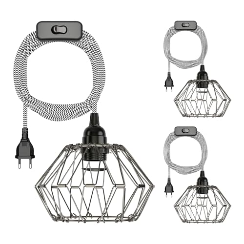 ledscom.de 3 Stück Käfig-Leuchte faltbar, LEKA mit Textilkabel, schwarz, weiß, Stecker, Schalter und E27 Fassung, 3m von ledscom.de