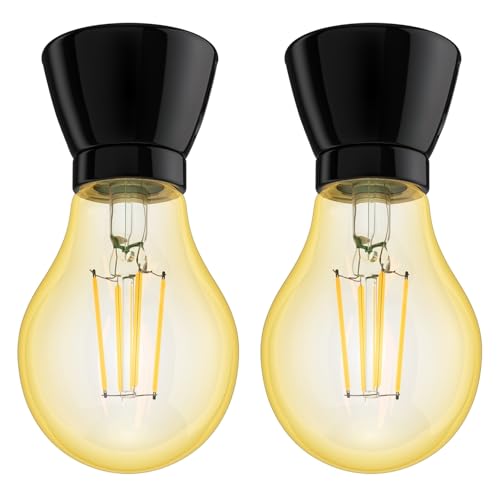 ledscom.de 2 Stück E27 Porzellan Lampen-Fassung MINZ, rund, schwarz, inkl. E27 Lampe Vintage gold (extra-warmweiß 3,99W 471lm) von ledscom.de