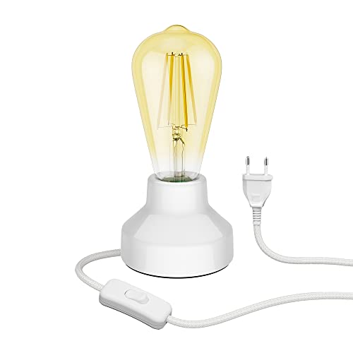 ledscom.de E27 Porzellan Tischlampe TIX, rund Stecker, Schalter, weiß + LED Vintage gold max. 814lm extra-warmweiß 3-Stufen von ledscom.de