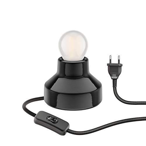 ledscom.de E27 Porzellan Tischlampe TIX, rund Stecker Schalter, schwarz, 90mm + E27 frosted 477lm warmweiß von ledscom.de