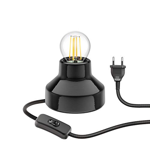 ledscom.de E27 Porzellan Tischlampe TIX, rund mit Stecker und Schalter, schwarz, 90mm inkl. E27 LED Lampe klar 518lm warmweiß von ledscom.de