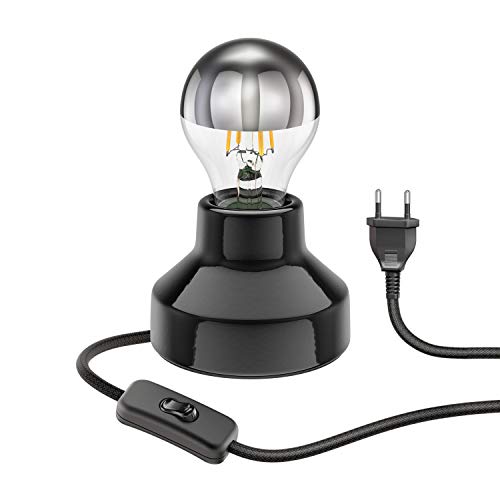 ledscom.de E27 Porzellan Tischlampe TIX, rund mit Stecker und Schalter, schwarz, 90mm inkl. E27 Lampe 461lm warmweiß von ledscom.de
