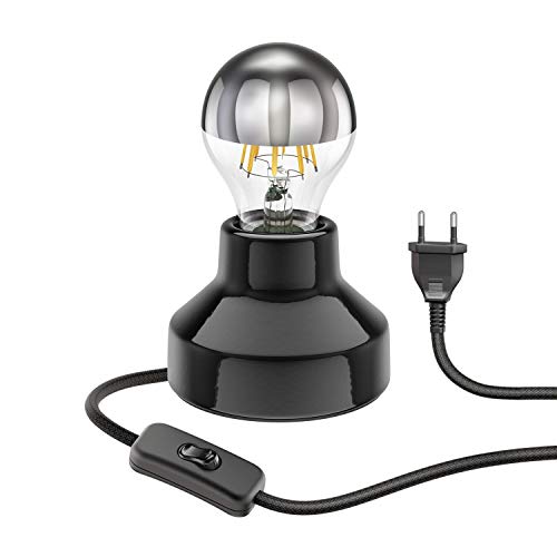 ledscom.de E27 Porzellan Tischlampe TIX, rund mit Stecker und Schalter, schwarz, 90mm inkl. E27 Lampe 667lm warmweiß von ledscom.de