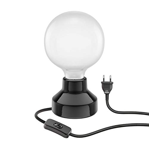 ledscom.de E27 Porzellan Tischlampe TIX, rund mit Stecker und Schalter, schwarz, 90mm inkl. E27 Leuchtmittel 845lm warmweiß von ledscom.de