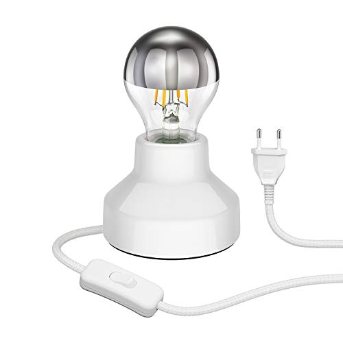 ledscom.de E27 Porzellan Tischlampe TIX, rund mit Stecker und Schalter, weiß, 90mm inkl. E27 Lampe 461lm warmweiß von ledscom.de
