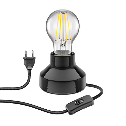 ledscom.de E27 Porzellan Tischlampe TIX rund Stecker Schalter schwarz 90mm + LED Lampe 1020lm weiß 3-Stufen Dimmen von ledscom.de