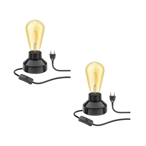 ledscom.de 2 Stück E27 Porzellan Tischlampe TIX, rund mit Stecker, Schalter, schwarz, inkl. E27 Lampe Vintage Retro gold 3,83W extra-warm-weiß 489lm von ledscom.de