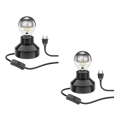 ledscom.de 2 Stück E27 Porzellan Tischlampe TIX, rund mit Stecker und Schalter, schwarz, 90mm inkl. E27 Lampe 461lm warmweiß von ledscom.de