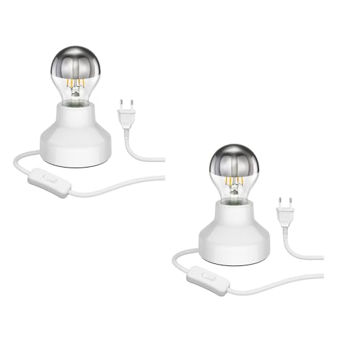 ledscom.de 2 Stück E27 Porzellan Tischlampe TIX, rund mit Stecker und Schalter, weiß, 90mm inkl. E27 Lampe 461lm warmweiß von ledscom.de