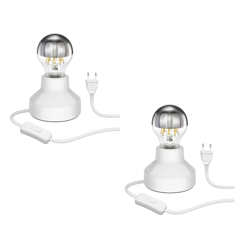 ledscom.de 2 Stück E27 Porzellan Tischlampe TIX, rund mit Stecker und Schalter, weiß, 90mm inkl. E27 Lampe 667lm warmweiß von ledscom.de