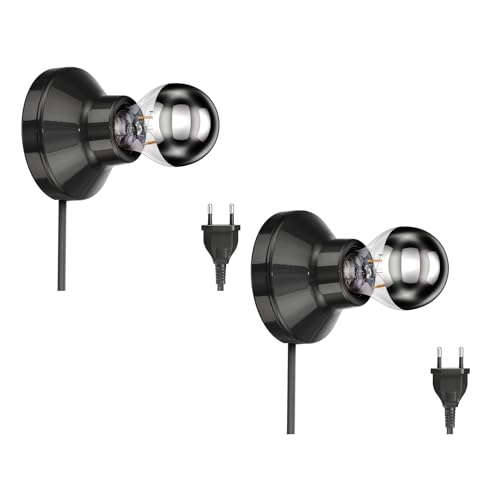 ledscom.de 2 Stück E27 Porzellan Lampen-Fassung Elektra, rund mit Stecker und Schalter, schwarz 90mm inkl. E27 Leuchtmittel 667lm warmweiß von ledscom.de