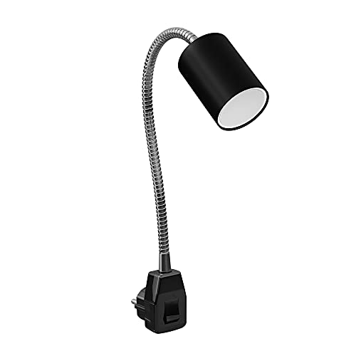 ledscom.de GU10 Steckdosenlampe WAIKA Schwanenhals, Schalter, schwarz inkl. GU10 LED 3-Stufen dimmbar weiß von ledscom.de