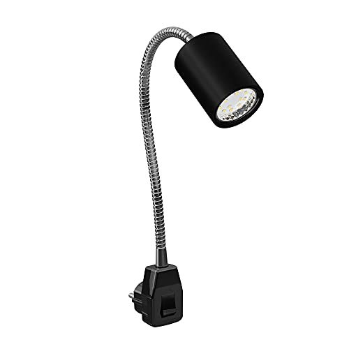 ledscom.de GU10 Steckdosenlampe WAIKA Schwanenhals, Schalter, schwarz inkl. GU10 LED Lampe 206lm weiß von ledscom.de