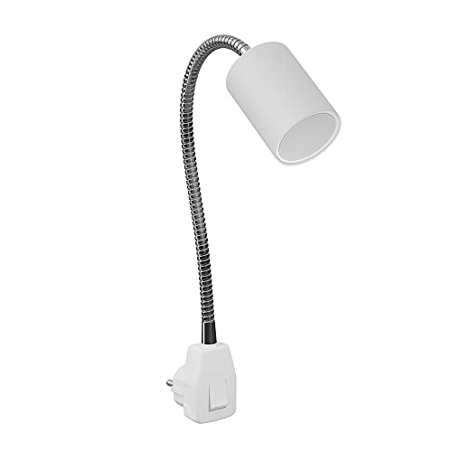 ledscom.de GU10 Steckdosenlampe WAIKA Schwanenhals, Schalter, weiß inkl. GU10 LED 3-Stufen dimmbar weiß von ledscom.de