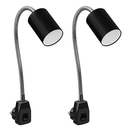 ledscom.de 2 Stück GU10 Steckdosenlampe WAIKA Schwanenhals, Schalter, schwarz inkl. GU10 LED 3-Stufen dimmbar warmweiß von ledscom.de