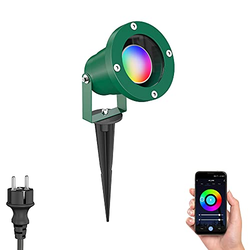 ledscom.de Gartenstrahler DUK mit Erdspieß für außen, IP65, Stecker, grün, inkl. Smart Home RGBW GU10 LED Lampe 473lm von ledscom.de