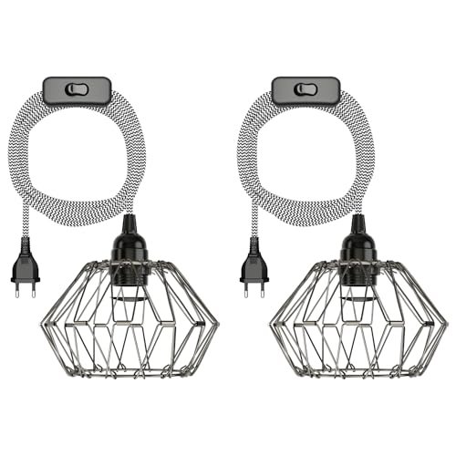 ledscom.de 2 Stück Käfig-Leuchte faltbar, LEKA mit Textilkabel, schwarz, weiß, Stecker, Schalter und E27 Fassung, 3m von ledscom.de